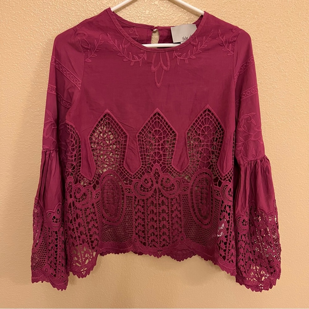 Anthropologie Bohemian Scalloped Lace Blouse Bell Sleeves Chloe Oliver X-Small
